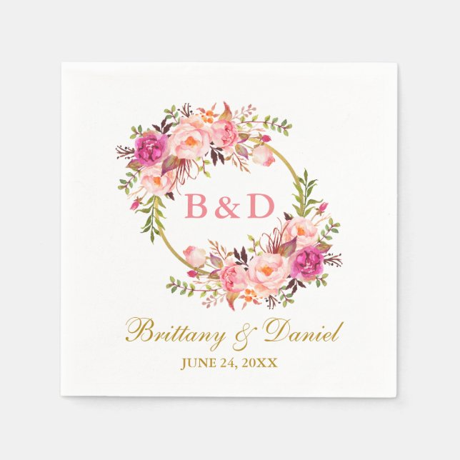 Floral Pink Wreath Gold Monogram Wedding Napkin (Front)