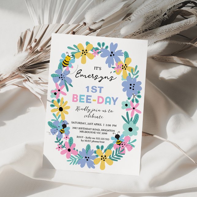 Floral Pink Yellow Bee Bee-Day 1st Birthday Invitation (Colorful Floral 1st Bee-day 1st Birthday Invitation Template, Bee Themed 1st Birthday Invitation, )