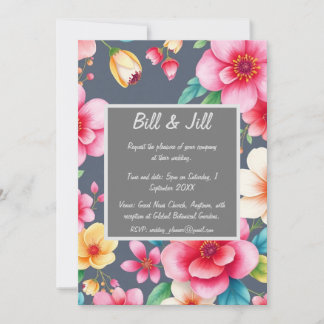 Floral Pink Yellow Blossoms On Charcoal Wedding Invitation
