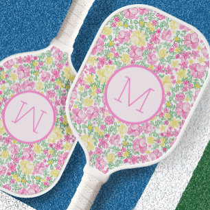 Floral Pink Yellow Preppy Custom Initial Ladies Pickleball Paddle