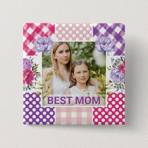 Floral & Plaid Photo Frame Mother's Day 15 Cm Square Badge