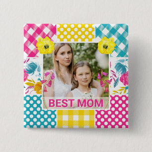 Floral & Plaid Photo Frame Mother's Day 15 Cm Square Badge