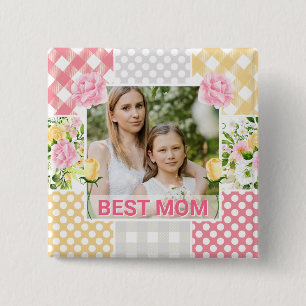 Floral & Plaid Photo Frame Mother's Day 15 Cm Square Badge