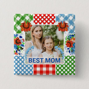Floral & Plaid Photo Frame Mother's Day 15 Cm Square Badge