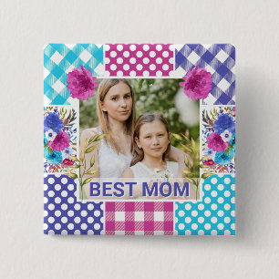 Floral & Plaid Photo Frame Mother's Day 15 Cm Square Badge