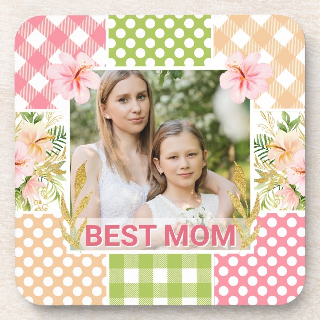 Floral & Plaid Photo Frame Mother's Day Coaster (Front)