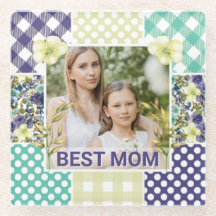 Floral & Plaid Photo Frame Mother's Day Glass Coaster