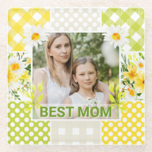 Floral & Plaid Photo Frame Mother's Day Glass Coaster