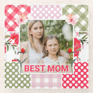 Floral & Plaid Photo Frame Mother's Day Glass Coaster