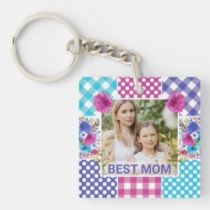 Floral & Plaid Photo Frame Mother's Day Key Ring