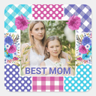 Floral & Plaid Photo Frame Mother's Day Square Sticker