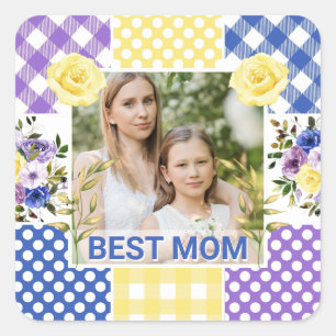 Floral & Plaid Photo Frame Mother's Day Square Sticker