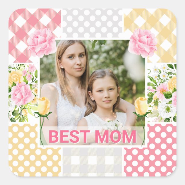 Floral & Plaid Photo Frame Mother's Day Square Sticker (Front)