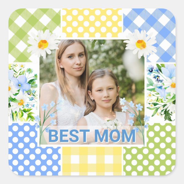 Floral & Plaid Photo Frame Mother's Day Square Sticker (Front)