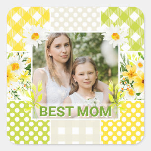 Floral & Plaid Photo Frame Mother's Day Square Sticker