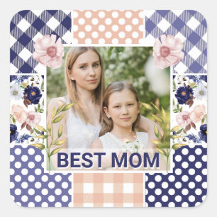 Floral & Plaid Photo Frame Mother's Day Square Sticker