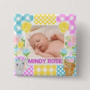 Floral & Plaid Photo Frame Newborn Baby 15 Cm Square Badge