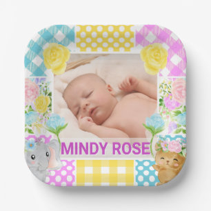 Floral & Plaid Photo Frame Newborn Baby Paper Plate