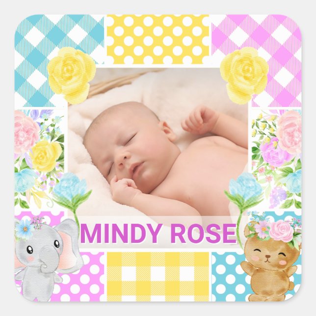 Floral & Plaid Photo Frame Newborn Baby Square Sticker (Front)