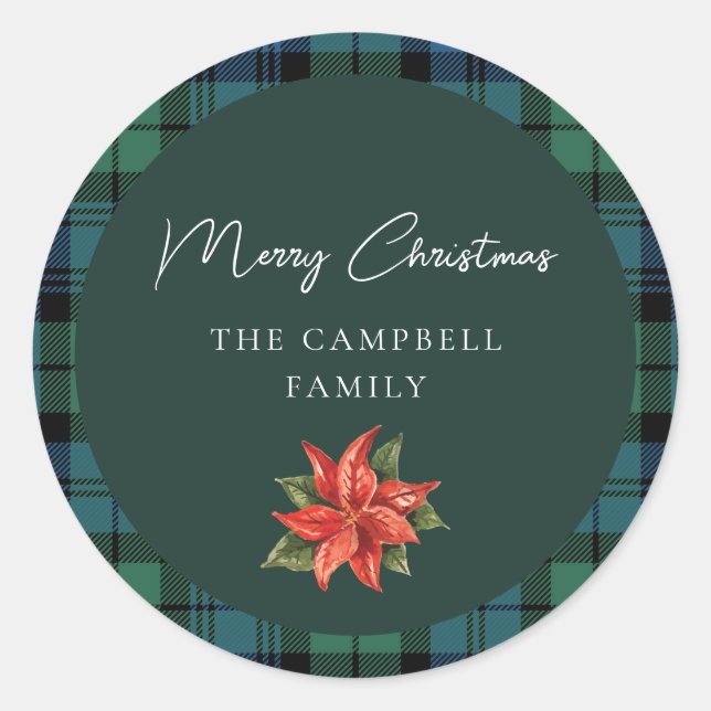 Floral Plaid Rustic Script Campbell Tartan Classic Round Sticker (Front)