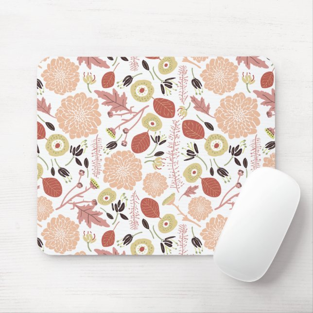 Floral Playful Botanical Mix Peach Green Whimsical Mouse Mat (With Mouse)