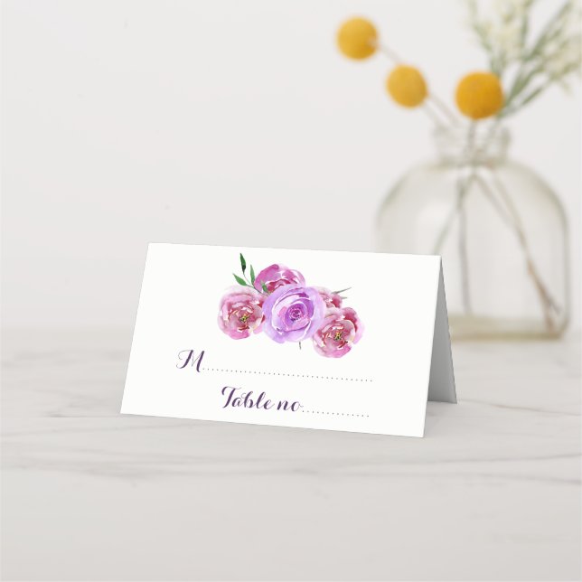 Floral plum blush violet bouquet wedding guest place card (Front)