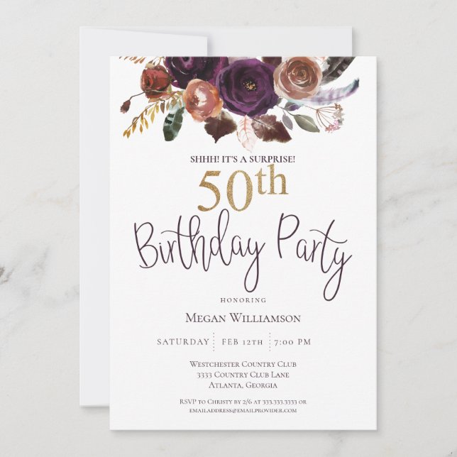 Floral Plum Gold Surprise 50th Birthday Party  Invitation (Front)
