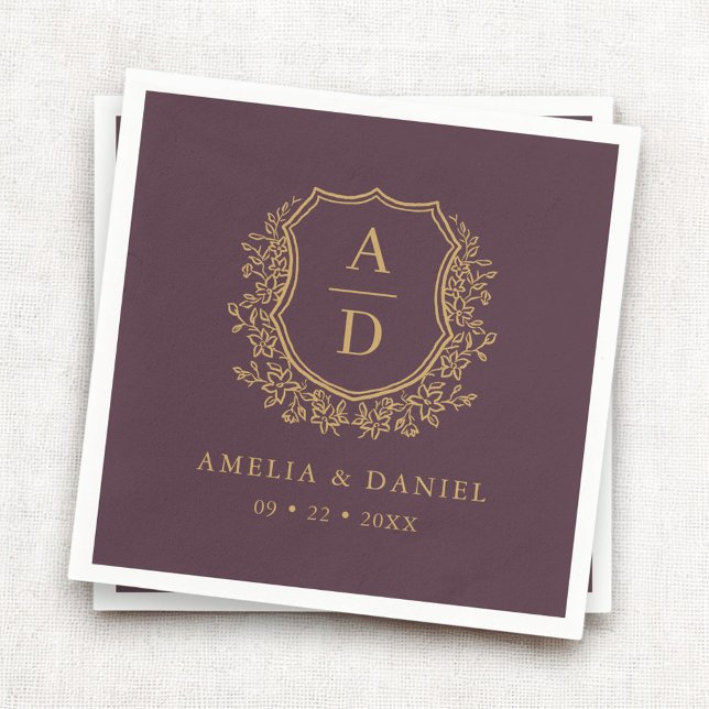Floral Plum Purple Gold Crest Wedding Monogram Napkin (Creator Uploaded)