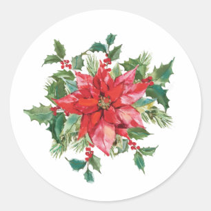 Floral Poinsettia Christmas – Festive Holiday Classic Round Sticker