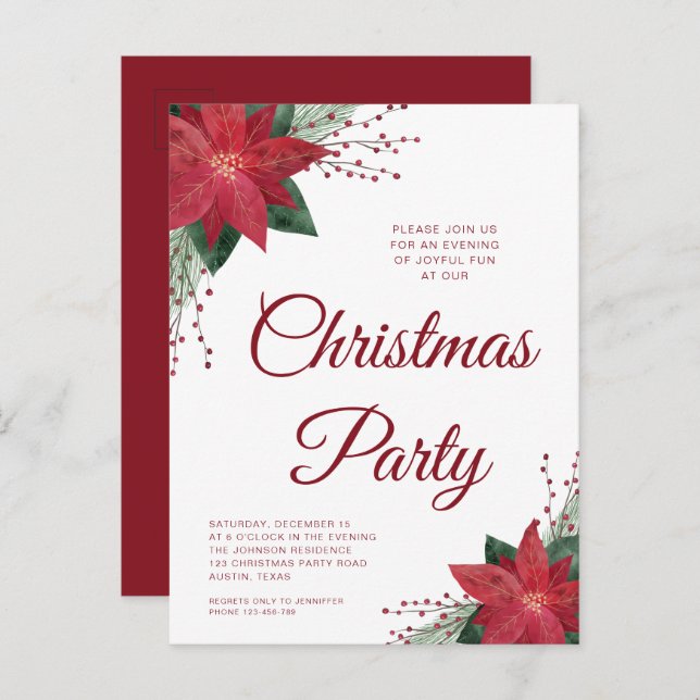 Floral Poinsettia Christmas Party Invitation   Postcard (Front/Back)