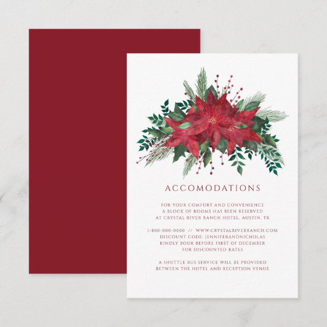 Floral Poinsettia Christmas Wedding Accommodations Enclosure Card (Front/Back)