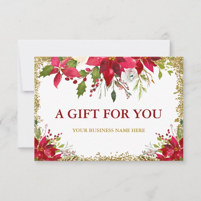 Floral Poinsettia Gold Glitter Gift Certificate G Card (Front)