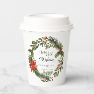 Floral Poinsettia Greenery Family Christmas Custom Paper Cups