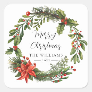 Floral Poinsettia Greenery Family Christmas Custom Square Sticker