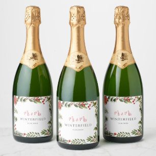 Floral Poinsettia Greenery Winter Wedding Sparkling Wine Label