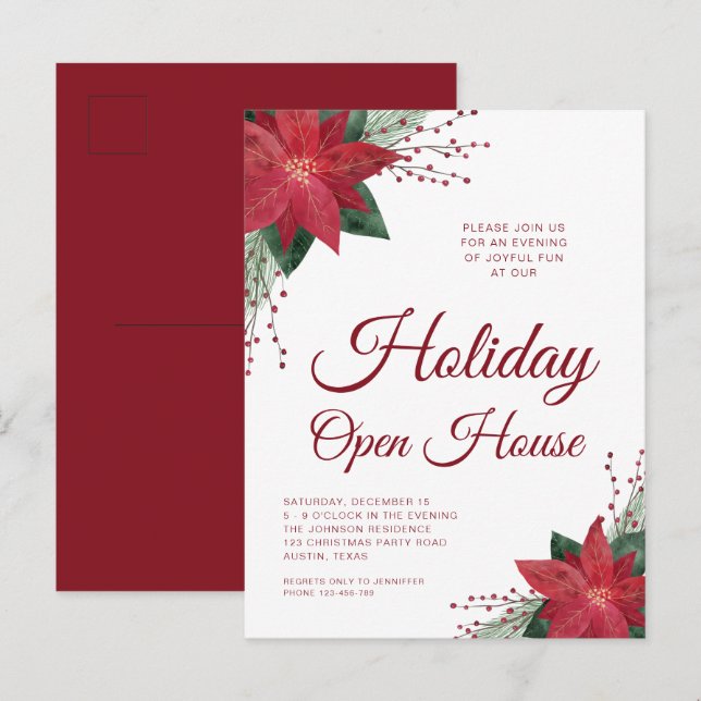 Floral  Poinsettia Holiday Open House Invitation Postcard (Front/Back)