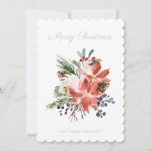 Floral Poinsettia Light Blue Plaid Check Christmas Holiday Card