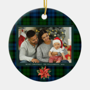 Floral Poinsettia Plaid Family Photo Tartan Ceramic Tree Decoration