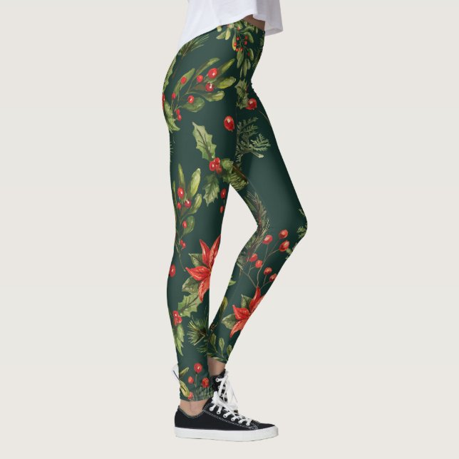 Floral Poinsettia Red Berries Botanical Leggings (Right)