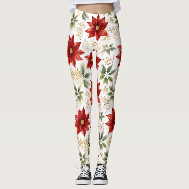 Floral Poinsettia Red Flower Leggings (Front)