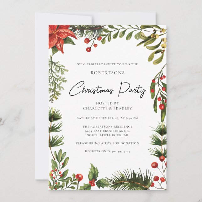 Floral Poinsettia Script Greenery Christmas Party Invitation (Front)