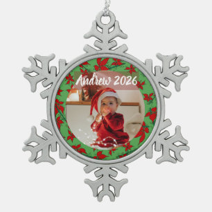 Floral pointsettia baby first Christmas Photo name Snowflake Pewter Christmas Ornament