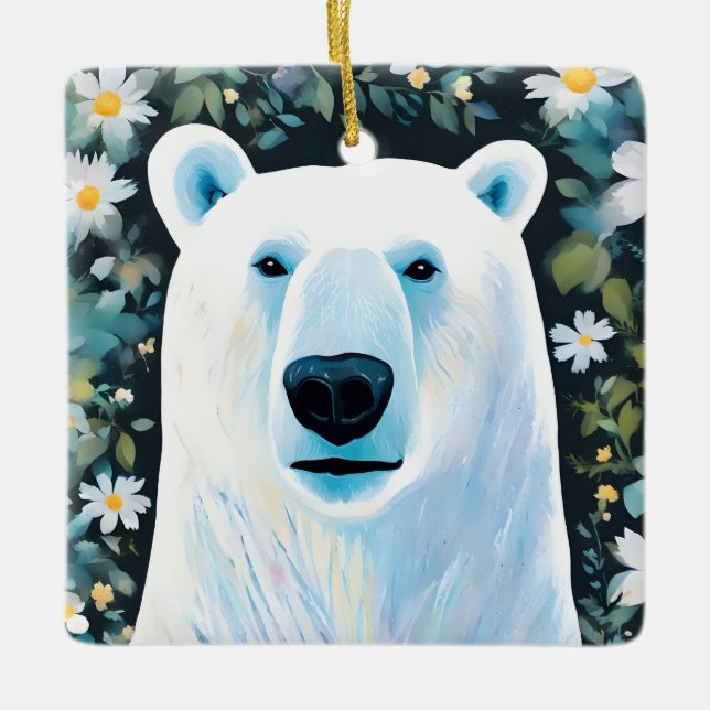 Floral Polar Bear Ceramic Ornament (Front)