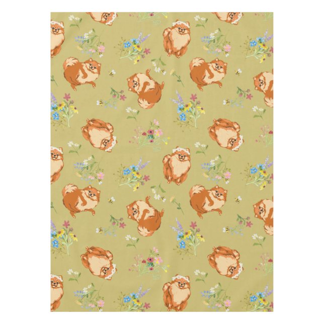 Floral Pomeranian Dog Pattern Tablecloth (Front)