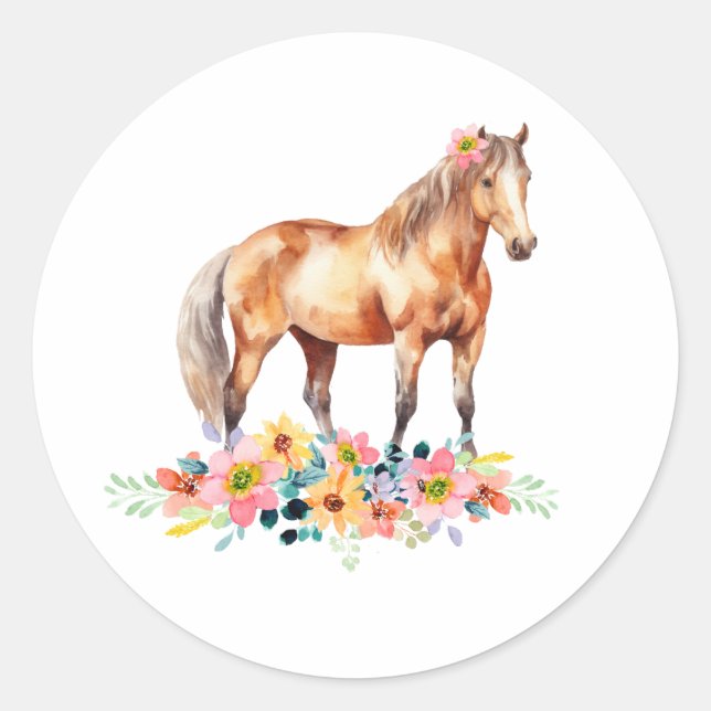 Floral Pony Birthday Party Watercolor Classic Round Sticker (Front)