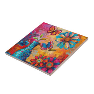 Floral Pop Art Ceramic Tile