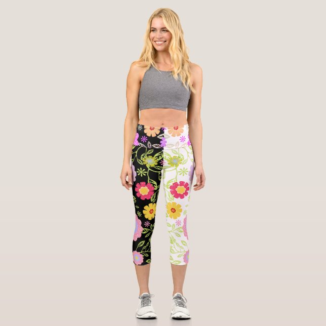 Floral Pop Art Painting Bi-Colour Pattern Capri Leggings (Front)