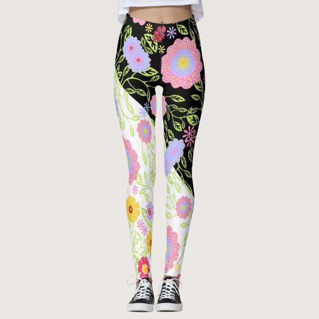 Floral Pop Art Painting Bi-Colour Seamless Pattern Leggings (Front)