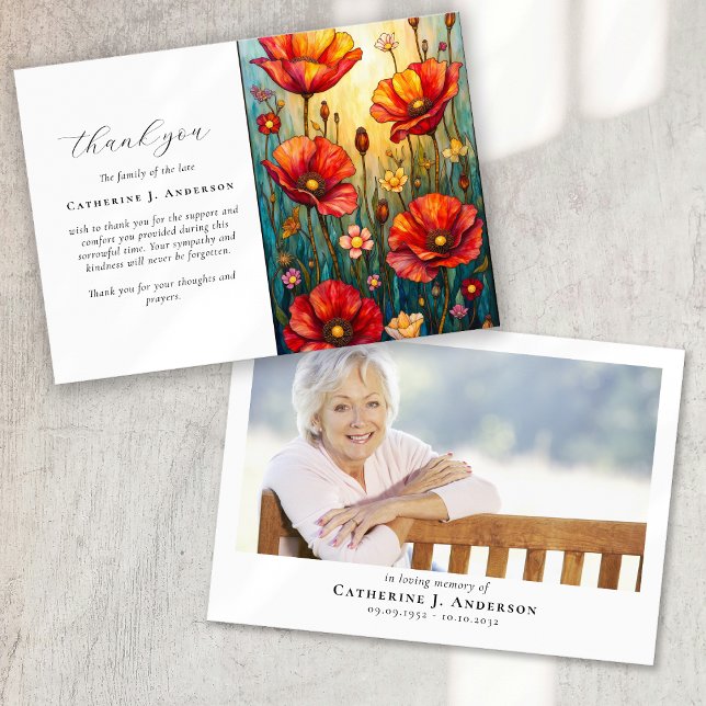 Floral Poppies Photo Sympathy Funeral Memorial Thank You Card (Creator Uploaded)
