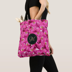Floral poppies pink pattern.Monogram. Tote Bag